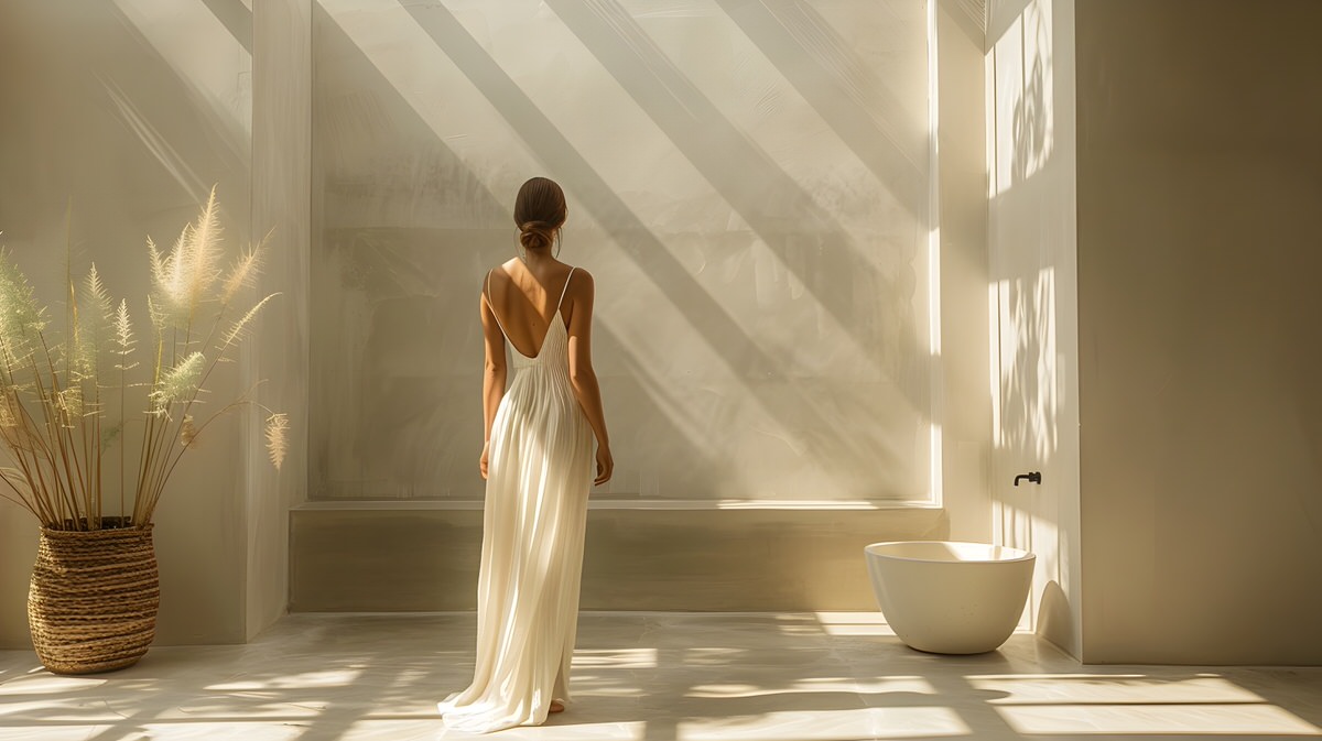 Serene and Elegant Woman Posing in a Minimalist Light Filled Room with Soft Tones and Clean Design Elements