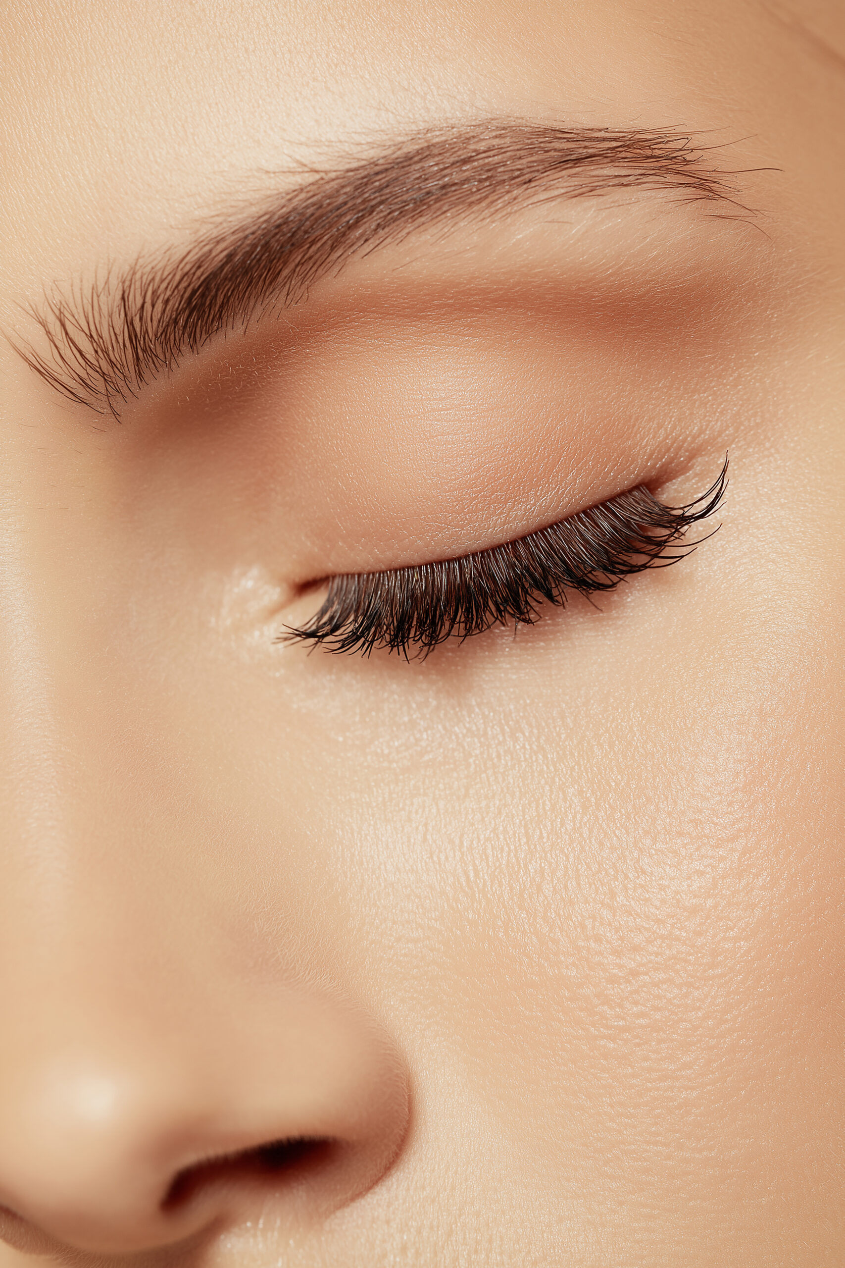 Close-up of a woman's closed eye showing long lashes and smooth flawless skin. Beauty portrait, makeup, skincare, wellness, natural cosmetics, grooming, self-care, confidence, minimalism