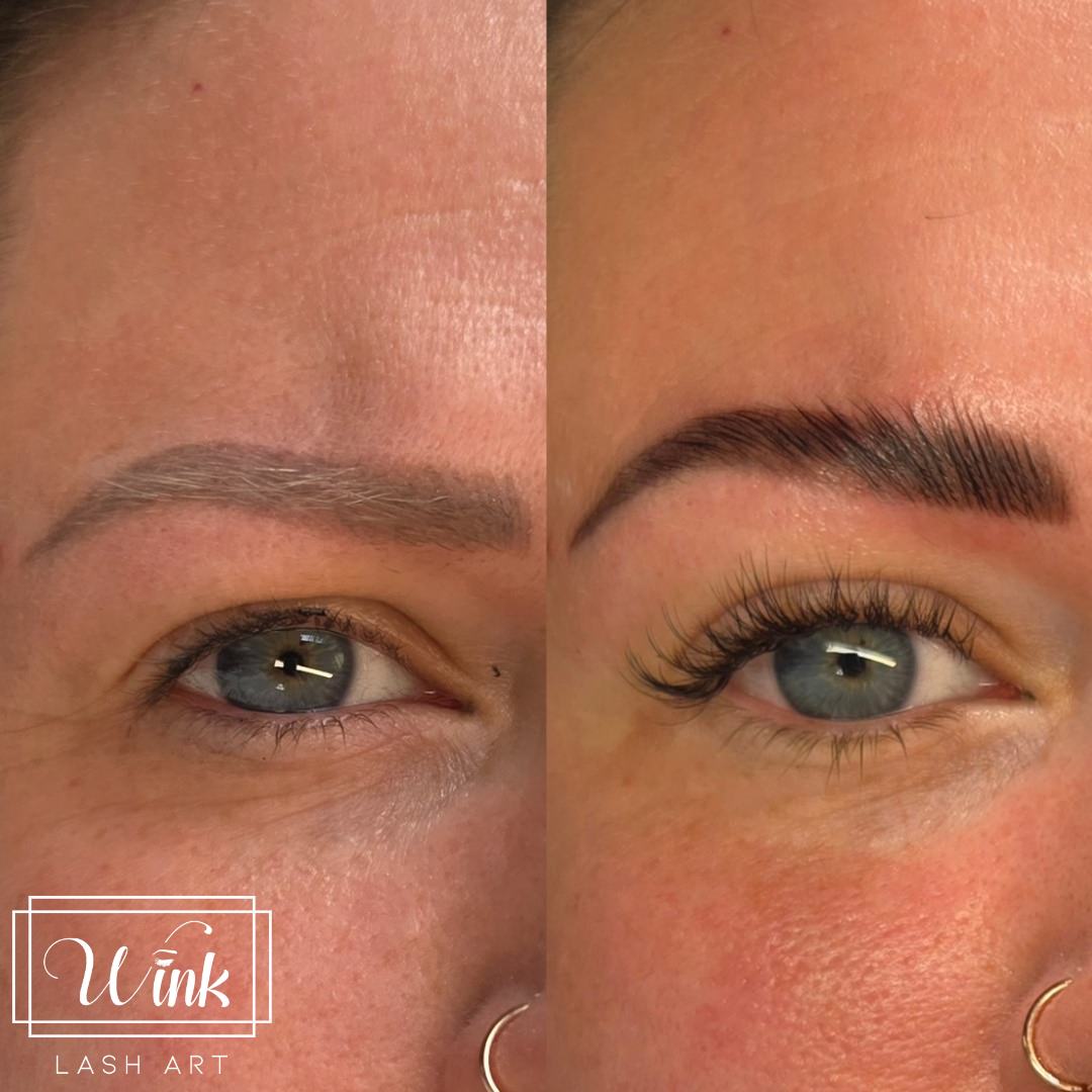 Before and after brow lamination on eyebrows with existing faded permanent makeup at Wink Lash Art in Alexandria, VA.